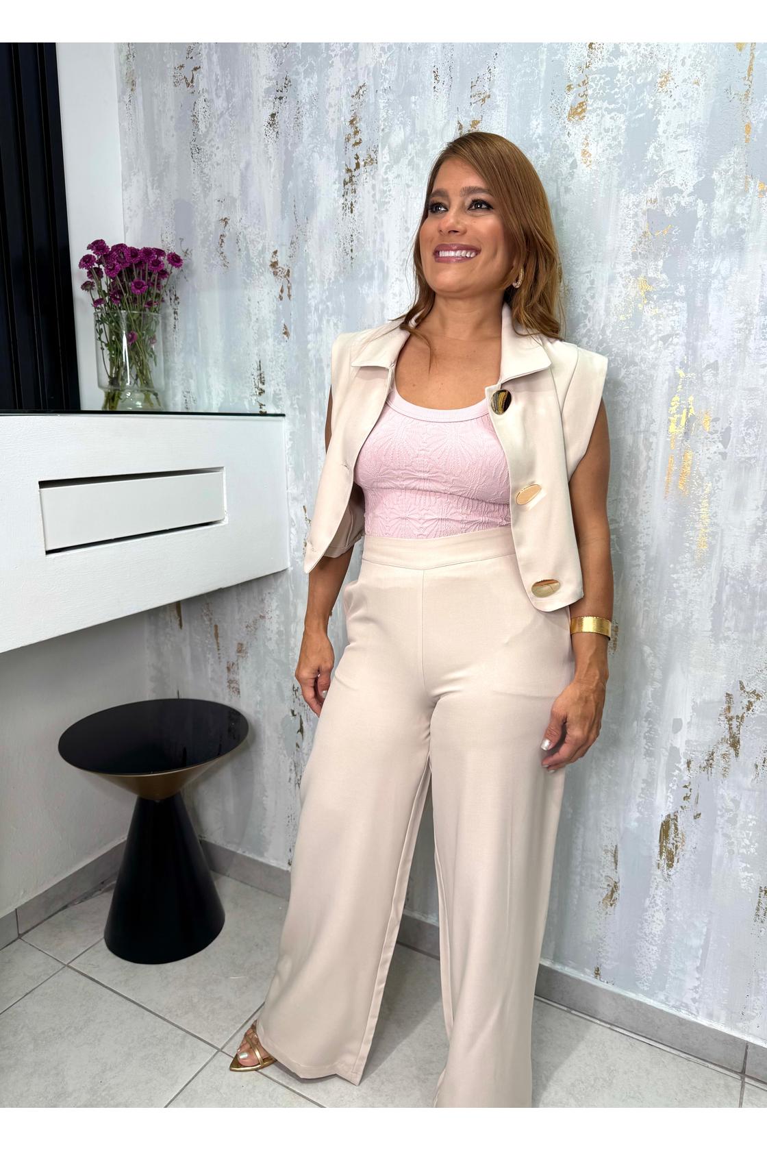 Top Vest Gold Button Detail And Wide Leg Pants Set